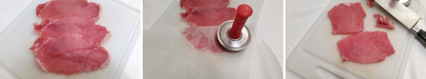 Prendete le fettine di lonza di maiale, inseritele in una foglio di carta da forno e battetele con il batticarne in modo da ricavare delle fettine sottili.