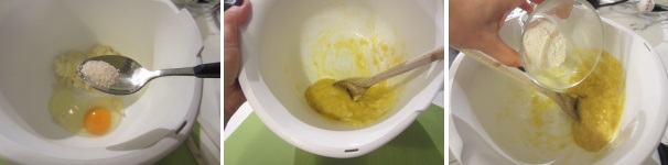 In una ciotola unite l’uovo, la patata ridotta in purea e un pizzico di sale. Mescolate bene per unire il tutto. Alla fine aggiungete la farina, mescolate e versate sul piano di lavoro.