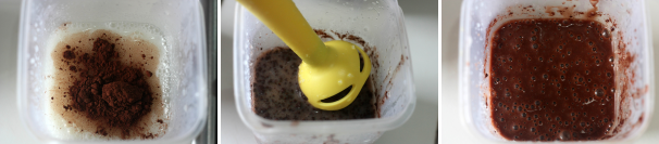Mentre il latte è ancora caldo aggiungete il cacao, frullate nuovamente per omogenizzare il composto e lasciate raffreddare.