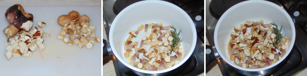 Pulite i funghi e tagliateli a dadini, dopodiché unite alla pancetta prima l’agarico geotropo, perché più lungo di cottura, e dopo qualche minuto il porcino. Salate leggermente e lasciate cuocere una decina di minuti con il coperchio.