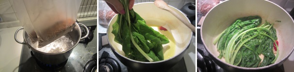 Mettete il grano saraceno nell’acqua bollente. Abbassate il fuoco. Salate poco e cuocete circa 12 minuti. In una pentola soffriggete l’aglio e il peperoncino. Coprite con un coperchio e lasciate appassire.