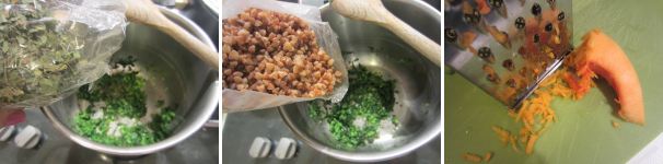 Aggiungete le foglie secche di aglio e mescolate bene. Versate il grano saraceno ben scolato. Aggiustate con sale ed olio se serve. Grattuggiate la zucca.