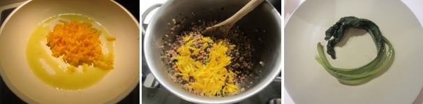 In una padella con poco olio soffriggete la zucca per un paio di minuti. Aggiungete al resto e mescolate bene per unire gli ingredienti. Sul piatto formate i nidi con le bietole. Disponete il grano saraceno in mezzo e servite caldo.