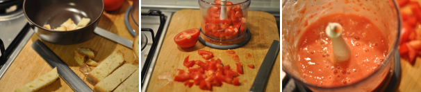 Tagliate a cubetti il pane e i pomodori. Metà dei pomodori verranno frullati, l’altra metà invece verrà unita alla pappa direttamente a cubetti.