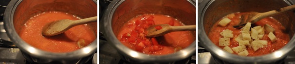 Aggiungete la passata di pomodoro nell’olio. Unite anche i pezzetti di pomodoro e il basilico spezzettato con le mani. Mescolate e lasciate cuocere 5 minuti. Aggiungete il pane e fate cuocere per altri 5 minuti.