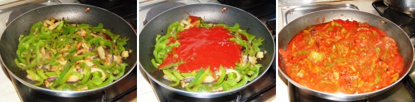 Non appena peperoni e melanzane saranno morbidi aggiungete la passata di pomodoro e continuate la cottura per almeno una ventina di minuti.