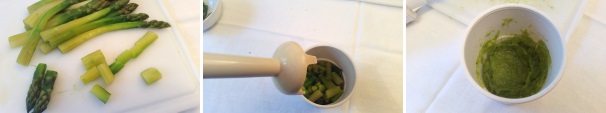Tagliate gli asparagi a rondelle spesse almeno un centimetro e tenete da parte qualche punta che utilizzeremo per decorare il piatto. Prendete gli asparagi tagliati a pezzetti e metteteli in un contenitore. Con un frullatore ad immersione create una purea omogenea e liscia.
 