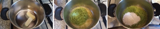 In una casseruola mettete il burro e lasciatelo fondere, unitevi la composta di asparagi e la farina.