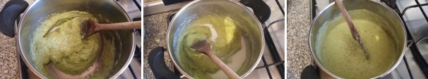 Mescolate con un cucchiaio di legno e aggiungete un po’ alla volta il latte precedentemente riscaldato, continuando a mescolare lasciate cuocere la salsa di asparagi fino a quando si sarà completamente addensata. Al termine togliete dal fuoco e aggiungete una grattata di noce moscata, sale e pepe.