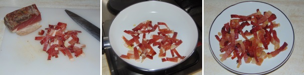 Preparare la salsa per questo piatto è molto semplice, iniziate con la tostatura dello speck, nota fondamentale della ricetta. Tagliate lo speck a listarelle molto sottili e passatelo per un paio di minuti in una padella molto calda fino a farlo divenire croccante, dunque tenetelo da parte.