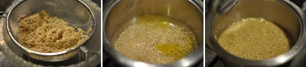 Scolate la quinoa e buttatela nell’acqua bollente. Abbassate il fuoco e cuocete per 15 minuti con il coperchio (o comunque fino a che la quinoa ha assorbito tutta l’acqua). Sgranate con una forchetta. Regolate di sale.