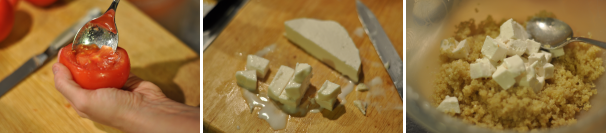 Togliete, aiutandovi con un coltello e un cucchiaio la polpa dei pomodori, facendo attenzione a non romperne il guscio esterno. Tagliate a cubetti il formaggio e unitelo alla quinoa.