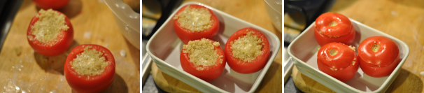 Mettete i pomodori in una pirofila. Richiudeteli con il “coperchio” di pomodoro e fateli cuocere in forno per 10 minuti. Sfornate e servite accompagnati da foglioline di basilico.
