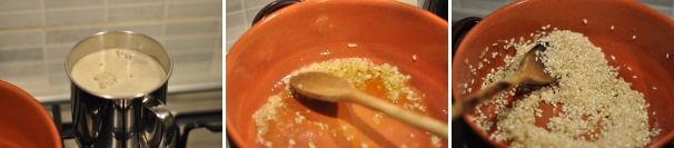 Portate ad ebollizione il brodo di pollo. Nel frattempo scaldate l’olio e aggiungete la cipolla tritata. Fatela imbiondire, poi aggiungete il riso per la tostatura.
 