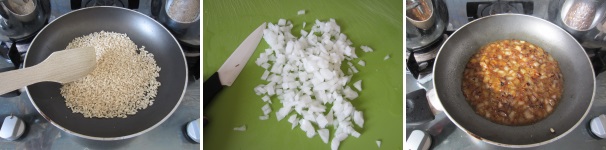 Tostate il riso in una padella con poco olio per 3 minuti. Versate sopra l’acqua e cuocete, coperto, per 30 minuti a fuoco basso. Tagliate la cipolla a dadini. Caramellate con poco olio e un pizzico di sale, fino ad ottenere un colore ambrato.