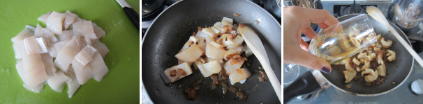 Lavate e tagliate il merluzzo a pezzettini della grandezza di un francobollo. Aggiungete alla cipolla. Mescolate bene e cuocete circa 10 minuti a fuoco basso. Sfumate con il vino.