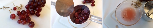 Prendete la metà circa degli acini d’uva dopo averli lavati e con l’aiuto di uno schiacciapatate, schiacciateli fino a ottenere il loro succo privo di semi e buccia.