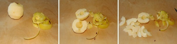 Iniziate sbucciando la mela, dopodiché dividetela a metà e privatela dei semi e del torsolo, quindi ricavate da ogni metà delle mezzelune.
 