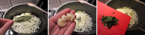 Mettete lo stoccafisso per qualche ora ammollo. Tagliate la cipolla non troppo fine e soffriggetela in una padella con un filo d’olio. Aggiungete l’alloro, l’aglio e metà del prezzemolo.