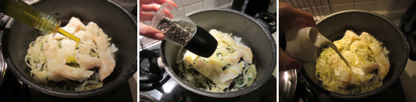 Aggiungete il pesce alla cipolla. Versate sopra l’olio. Pepate e versate il latte. Coprite con un coperchio e cuocete a fuoco medio per 5 minuti.
 