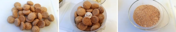 Prendete gli amaretti, metteteli nel mixer, azionate l’apparecchio e riduceteli ad una granella non troppo fine. (Conservate qualche amaretto intero per la decorazione del piatto).