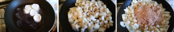 In una padella antiaderente fate sciogliere il burro a fuoco basso, unite i pezzetti di pera e fate rosolare per qualche minuto. Aggiungete la granella di amaretti al composto.