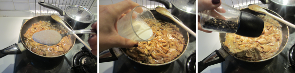 Salate il sugo. Aggiungete la panna, mescolate e stufate sotto il coperchio per altri 5 minuti. Aggiungete il pepe.
 