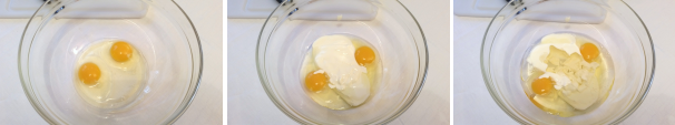 In una terrina unite le uova, lo yogurt e lo zucchero semolato.