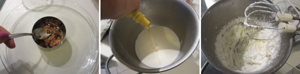 Su un piattino disponete una forma rotonda e riempitela per 1/3 con il panettone bagnato. Schiacciate con un cucchiaino. In una pentola versate la panna. Aggiungete un cucchiaino di miele e montate con delle fruste elettriche.
