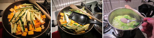 Aggiungete le zucchine alla zucca e cuocete a fuoco basso fin quando la verdura non diventa morbida, ma non troppo. Ogni tanto aggiungete un po’ di acqua di cottura della zuppa. Salate la zuppa.