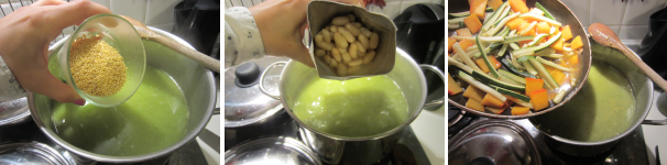 Riaccendete il fuoco sotto la zuppa. Aggiungete il miglio, precedentemente ammollato per mezz’ora. Cuocete a fuoco basso circa 25-30 minuti. Alla fine della cottura, aggiungete i fagioli e la verdura. Mescolate delicatamente per unire tutto. Servite la zuppa ben calda.