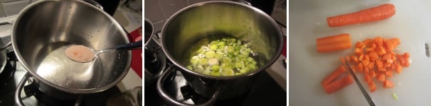 In una pentola fate scaldare l’acqua, salatela e aggiungete il porro. Cuocete a fuoco medio. Tagliate le carote a dadini.