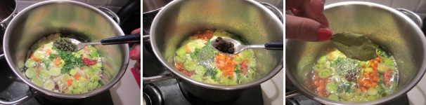 Aggiungete alla zuppa l’erba cipollina, il pepe e l’alloro.
