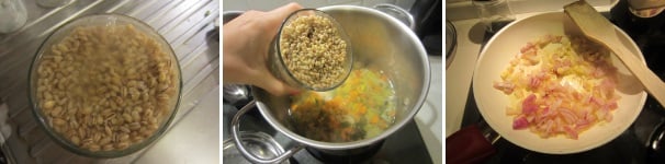 Lavate l’orzo in acqua tiepida. Aggiungetelo alla zuppa. Cuocete ancora 30 minuti a fuoco basso. Soffriggete l’aglio e la cipolla ed aggiungetela al resto. Cuocete per 5-10 minuti a fuoco basso. Aggiungete l’olio, mescolate e servite la zuppa ben calda.