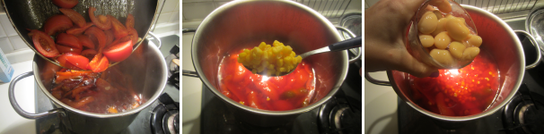 Dopo 20 minuti circa aggiungete i pomodori, il mais e i fagioli. Cuocete ancora per circa 10 minuti. Aggiustate con sale e olio. Servite la zuppa ben calda.