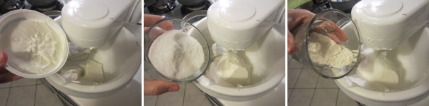 Aggiungete la ricotta, lo zucchero semolato e la farina. Lavorate con la velocità uno fino ad ottenere una consistenza liscia e omogenea.