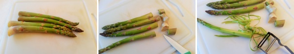 Prendete gli asparagi, lavateli accuratamente e con un coltello eliminate l’estremità, la più dura e fibrosa. Con l’aiuto di un pelapatate spelate il fusto degli asparagi in modo da mantenere la parte più tenera.