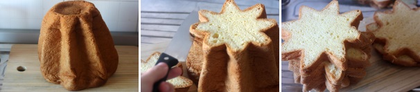 Iniziate col tagliare il pandoro in fette orizzontali dello spessore di circa due centimetri e mettetele da parte.