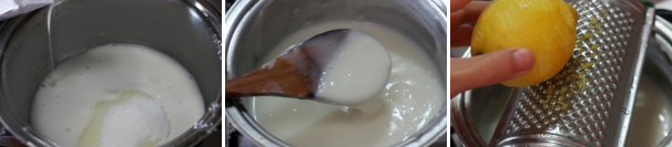 Iniziate a preparare la crema pasticcera unendo in un pentolino la maizena, lo zucchero, la vanillina e il latte a filo. Cuocete il tutto a fuoco basso continuando sempre a mescolate finchè la crema inizierà ad addensarsi. Spegnete il fuoco ed aggiungete la scorza grattugiata di un limone, esso conferirà aroma e un leggero colore giallino.