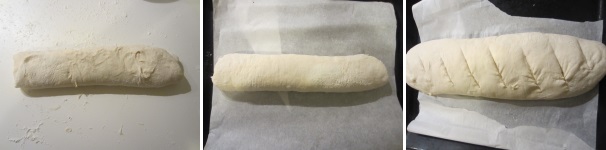 Chiudete la farcitura dentro la baguette e chiudete i bordi  con le mani. Disponete la baguette su una teglia con della carta da forno e lasciate lievitare per altri 40 minuti alla temperatura 25 gradi circa. Fate dei tagli sulla superficie e infornate a 200 °C per circa 20 minuti. Fate raffreddare prima di servire.