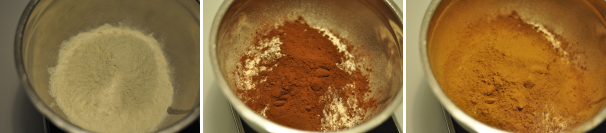 Mettete in una ciotola capiente la farina setacciata, il cacao amaro e la cannella. Amalgamate velocemente con una frusta.