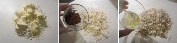 Versate la farina sul piano di lavoro e aggiungete il burro morbido a pezzettini, sabbiate. Aggiungete 60 grammi di zucchero e mescolate. Aggiungete anche l’albume e lavorate poco.