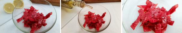 Condite gli straccetti di bresaola con il succo di mezzo limone, l’olio d’oliva extravergine e del pepe.