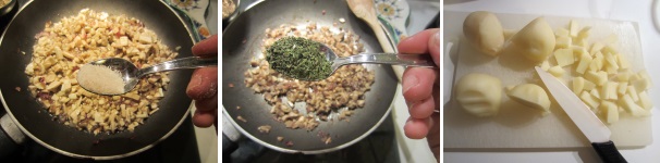 Soffriggete la cipolla con l’olio e aggiungete i funghi. Saltate al fuoco vivace fin quando non evaporerà tutta l’acqua. Salate e a fine cottura aggiungete il prezzemolo. Tagliate la scamorza a piccoli dadini.