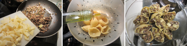 Aggiungete la scamorza ai funghi leggermente raffreddati e mescolate bene. Cuocete la pasta in acqua salata e scolate quando è al dente. Condite subito con l’olio. Aiutandovi con un cucchiaino, riempite i conchiglioni e disponeteli in una pirofila di vetro oppure di ceramica. Mettete in forno per circa 15 minuti. Sfornate e servite.