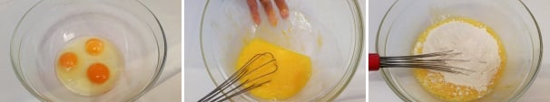 In una terrina rompete tre uova, sbattetele con una frusta e aggiungete 250 grammi di farina setacciata.