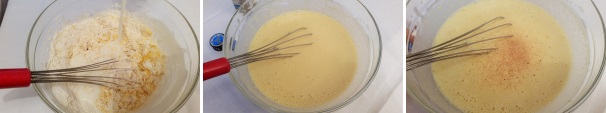 Con l’aiuto delle frusta, mescolate tutti gli ingredienti e unite 500 ml di latte fino a quando avrete ottenuto una pastella liscia senza grumi. Terminate con una grattugiata di noce moscata.
 