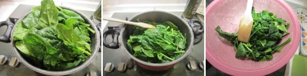 Lavate e asciugate le foglie di spinaci. Sbollentatele e strizzatele bene per eliminare tutta l’acqua. Lasciate scolare.