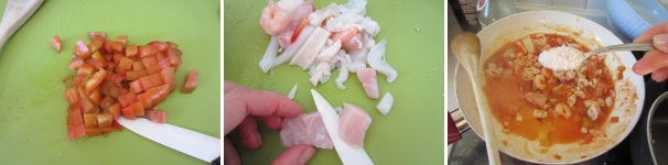 Lavate e tagliate i pomodori a cubetti. Soffriggeteli insieme all’aglio e al peperoncino piccante. Tagliate a pezzettini il pesce, i totani, le seppie e la polpa di granchio. Dopo qualche minuto aggiungete il misto di mare al pomodoro. Salate.