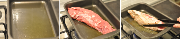 Mettete a scaldare una pirofila con l’olio. Fate sigillare il filetto di maiale da ogni lato per 4 minuti.